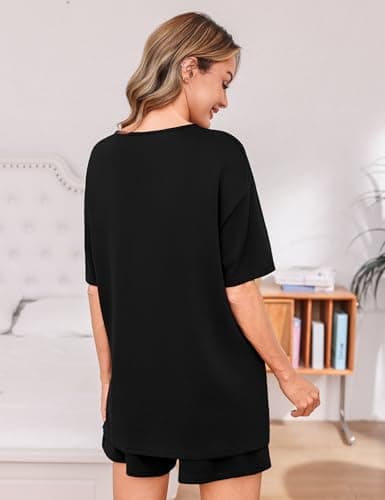 Totatuit 2 Piece Outfits for Women Short Set Summer Casual Loose Fit Loungewear Sets Soft Pajamas for Airport Travel Black Large - Thumbnail 5