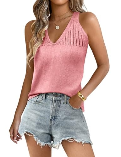 Yeokou Sweater Vest for Women Crochet Tank Top Knitted Tops Camis Tee Halter V Neck Sleeveless Summer Shirts Pullover(Pink-M) - Image 1