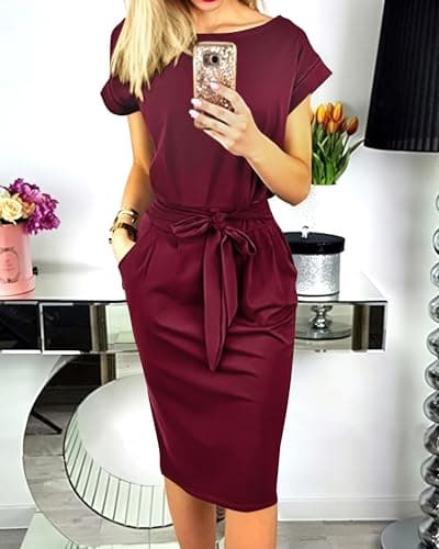 PRETTYGARDEN Women's Summer Short Sleeve Crewneck Striped Dress Basic Solid Tie Waist Office T Shirt Dresses Pockets(Wine Red,Small) - Thumbnail 2