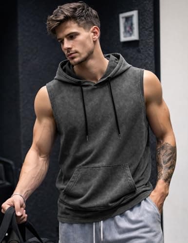 JMIERR Mens Cotton Sleeveless Hoodie Tank Top Regular Fit Muscle Workout Gym Streetwear Shirt Black - Thumbnail 3