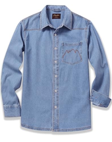 CHRONOLINE Men’s Long Sleeve Denim Shirt Western Button Up Washed Denim Jeans Shirt Vintage Cotton Work Shirt for Men, Stonewash Blue, S - Image 1