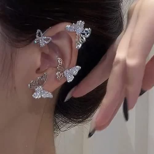 YRlilicc 2Pcs Glitter Rhinestone Butterfly Ear Cuff Vintage Non-Piercing Fake Earrings Bridal Wedding Climber Ear Wrap Prom Ball Ear Jewelry for Women - Thumbnail 3