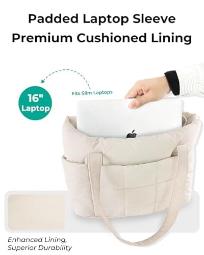 U+U Puffer Tote Bag for Women, Quilted Work Tote with 16" Laptop Sleeve, Luggage Sleeve & Yoga Mat Strap for Travel Gym School,Cream - Thumbnail 4