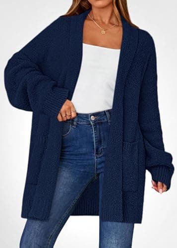 KIRUNDO Cardigan Sweaters for Women 2026 Fall Chunky Fuzzy Knit Open Front Loose Long Sleeve Sweater Coats Winter Clothing(Blue, X-Large) - Thumbnail 3
