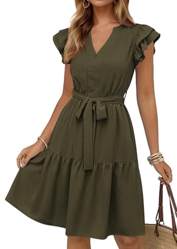 KIRUNDO Summer Dresses for Women 2026 Spring Flutter Sleeve V Neck Ruffle Flowy Tiered Knee Length Beach Vacation Sundress(Army Green, Large) - Image 1