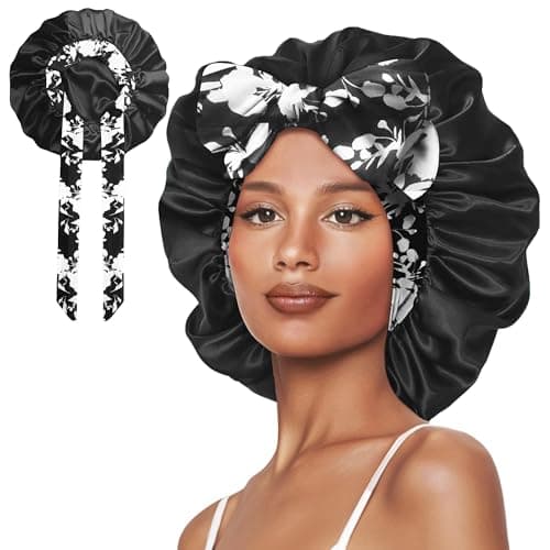Vettres Hair Bonnet for Sleeping Satin Lined Sleep Cap Double Layer Silk Head Wrap for Curly Natural Hair Black Flower