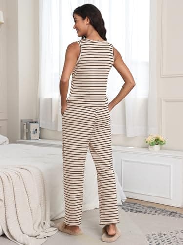 COCOMARTS Womens 2 Piece Lounge Sets Casual Striped Pajama Sets Sleeveless Tank Top and Wide Leg Pants Matching Outfits 2025 Apricot Small - Thumbnail 4