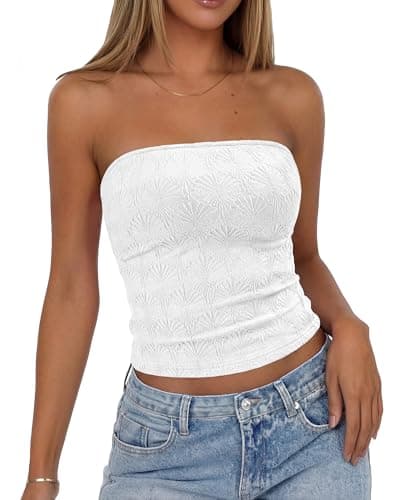 BTFBM Tube Tops for Women Floral Embroidery Summer Crop Top 2026 Strapless Going Out Y2K Beach Vacation Spring Clothes(White, Medium) - Image 1