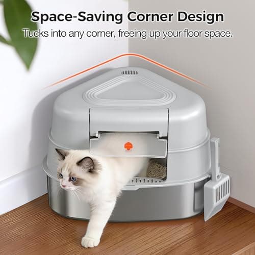 Chumajor XXL Stainless Steel Corner Cat Litter Box with Lid - Sturdy, No Odor & Space-Saving Hidden Design for Large Cats, Grey - Thumbnail 2