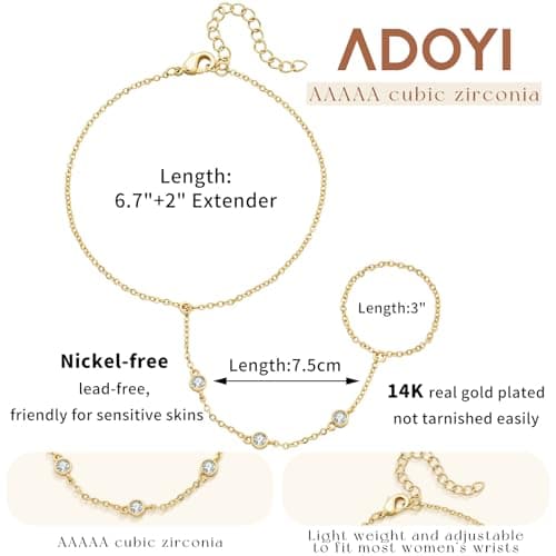 adoyi Gold Bracelets for Women 14K Gold Plated Trendy Hand Chain Bracelet Dainty Stackable Ring Bracelet Stack Set Adjustable Hand Chain Link Layered Waterproof Jewelry Sets Gifts for Womens 6.7"+2" - Thumbnail 6