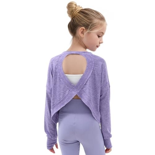 Gogokids Girls Shirts Long Sleeve Athletic Shirts Open Back Tops Active Sports Tshirts Yoga Workout Crop Tees, Purple, 7-8 Years - Image 1