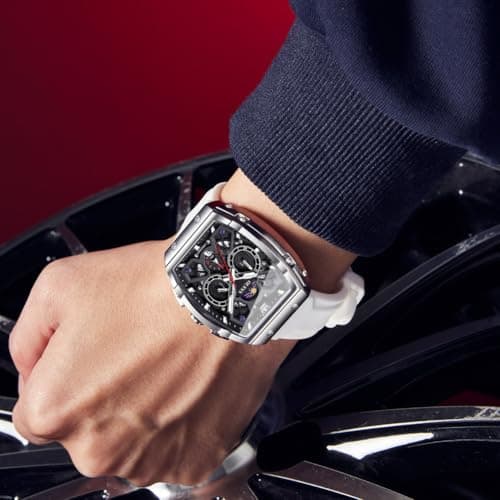 OLEVS Mens Dress Watch 3ATM Waterproof 20cm White Silicone Strap with Black Face Watch for Men Classic Quartz Chronograph SquareTonneau Fashion Men Wrist Watches 98g Lightweigh Ideal Present for Men - Thumbnail 4
