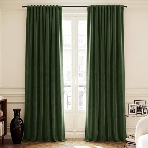 NICETOWN Olive Green Velvet Bedroom Curtains 102 inches Long, Rod Pocket & Back Tab Blackout Window Treatments Thermal Insulated Drapes Luxury for Living Room, 2 Panels, W52 x L102