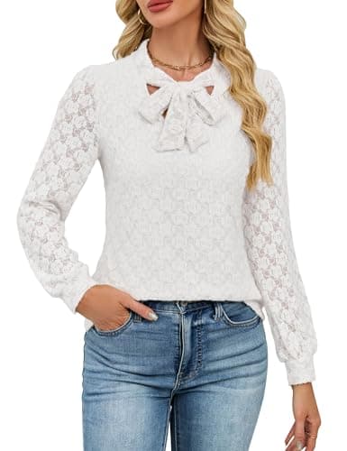 Blooming Jelly Womens Lace Long Sleeve Tops Tie Front Lined Dressy Blouse Fall 2025 Fashion Trendy Ladies Elegant Business Casual Outfit (Small, White) - Image 1