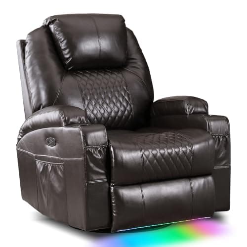 IBTKIG Power Swivel Rocker Recliner Chair with Heat & Massage, 240° Swivel Electric Recliner with LED Lights/USB A/C Ports/Storage Pocket for Living Room