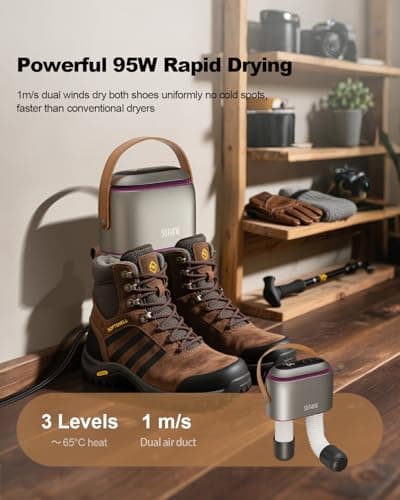 SOTHING Boot Dryer, Portable Shoe Dryer for Sneakers, Ozone Deodorizer, Retractable Hoses, 95W Rapid Drying, 3 Heat Levels, LED Touch Panel, 1–9H Timer, for Work Boots, Soccer Cleats, Gloves, Purple - Thumbnail 2