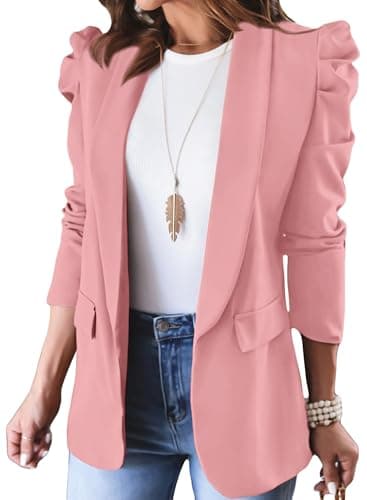 KIRUNDO Women's 2026 Spring Fall Casual Blazers Puff Sleeve Lapel Open Front Work Suit Office Blazer Jackets with Pockets(Pink, Large) - Image 1