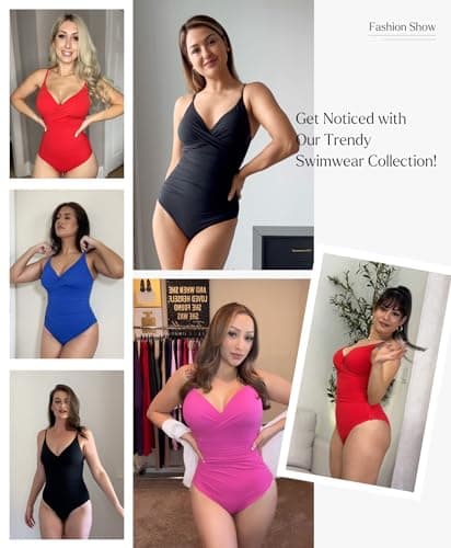 Popilush One Piece Swimsuit Women Tummy Control V Neck Ruched Shapewear Swimsuits Summer Beach Pool Vacation Red - Thumbnail 2