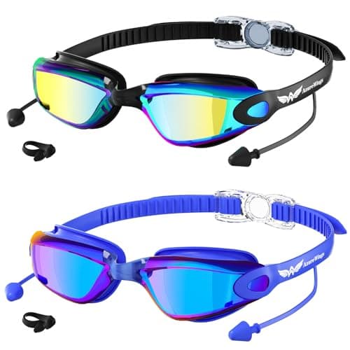 AzureWings 2 Pack Swim Goggles No Leak Anti-Fog & UV, Swimming Goggles for Adult Men Women, Wide Visio HD Mirror PC Lens (Black-Blue+Gold)