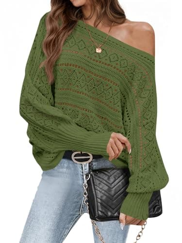 Saodimallsu Womens Off The Shoulder Sweaters Fall 2025 Oversized Knit Batwing Long Sleeve Crochet Pullover Sweater Tops Army Green - Image 1