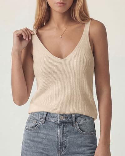 KIRUNDO Sweater Tank Tops for Women Sleeveless V Neck Ribbed Knit Vest Top Camisole 2026 Summer Outfits Fashion Clothing(Beige, Medium) - Thumbnail 4