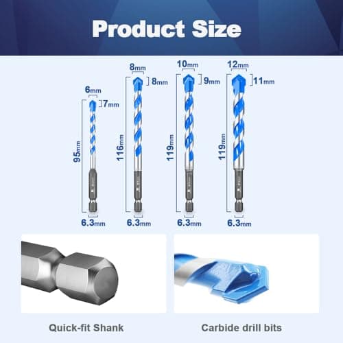 BRSCHNITT Carbide Drill Bit Set - Dry Drill Bit Set for Masonry, Concrete, Bricks, Wood, Plastic etc(6 * 5/8 * 2/10 * 2/12MM Quick-fit Shank) - Thumbnail 2