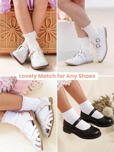 ALLOVIN 6 Pairs Non-Slip Ruffle Lace Socks for Baby & Toddler Girls – Soft Cotton Grip Socks | Pure White/Off-White | 6-12 Months - Thumbnail 4