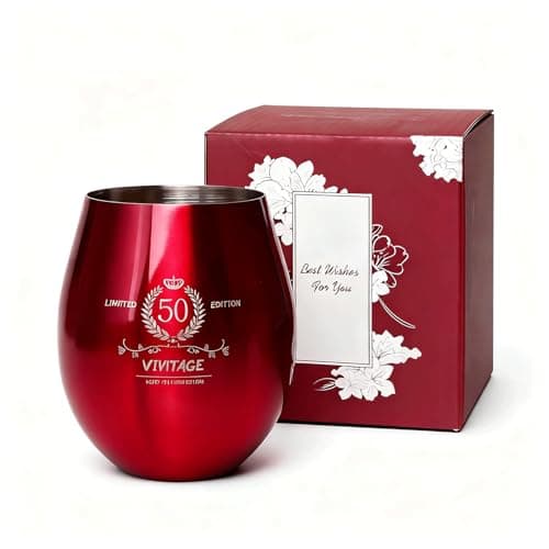 TJ 50th Birthday Gifts for Her Vintage Engraved Wine Glass - 50th Birthday Stainless Steel Stemless Wine Glass Birthday Decoration, 50 Year Old Birthday Gift for Women Men Wife Friend Sister, Red - Image 1