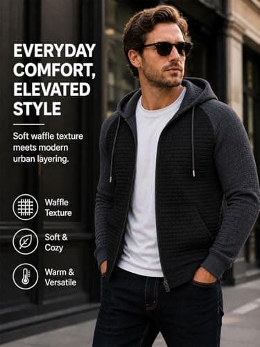 Men's Lightweight Waffle Knit Hoodie Zip Up Long Sleeve Hood Casual Warm Sweatshirt Drawstring Jacket with Pocket - Thumbnail 2