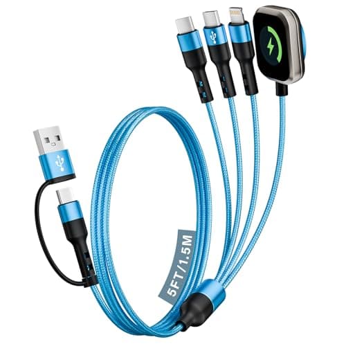 Travel Cruise Essentials 2026, Dual Type-C 4 in 2 Multi Charging Cable for Travel with Multi USB-C Devices, USB A/C with Dual USB C Cable/iWatch/IP, Designed for iWatch Series, iPhone 17-8 (Blue, 5FT)