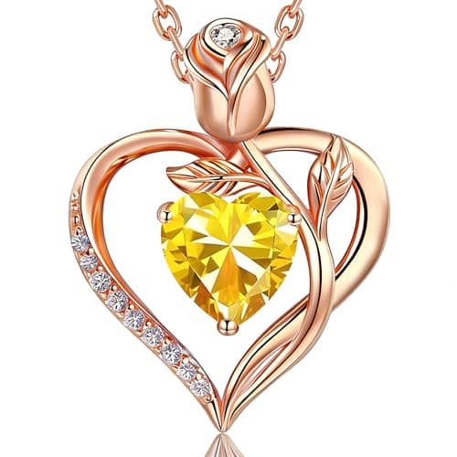 1.2CT Rose Heart Necklace Option of Moissanite or Lab-Grown Sapphire Ruby Emerald Necklace for Women Birthstone Girlfriend Necklace S925 Sterling Silver 18K White/Rose Gold Plated D Color VVS1 Gift for Wife Mother Daughter for Birthday Anniversary Christmas Engraved 'I Love You' (Nov Citrine Rose Gold) - Image 1