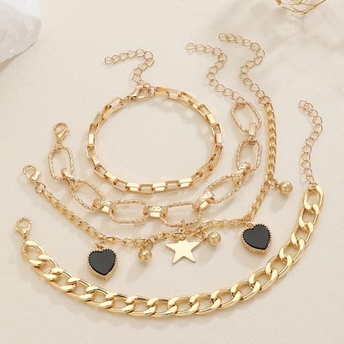 Alegend 14K Gold-Plated 4-Layer Design Bracelet Set - Bead, Heart & Star Pendants - Thumbnail 6