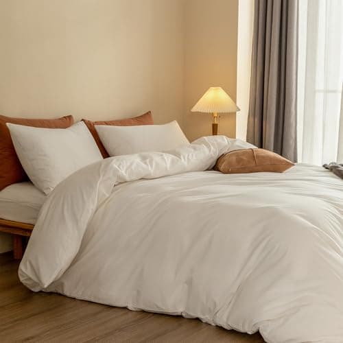 ELIMMO Cooling Super King Duvet Cover Set 3 Pieces-100% Washed Cotton Linen Like Textured Ultra Soft Cozy Bedding-Zipper Closure,Includes 1 Duvet Cover & 2 Pillow Shams(Off White,Super King 108"x98") - Thumbnail 5