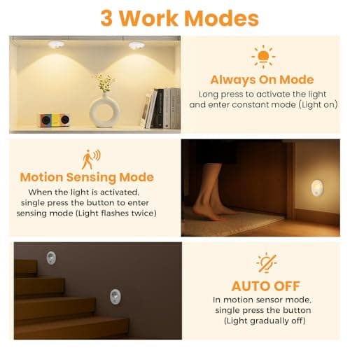 GLARESBOT Motion Sensor Puck Lights 4 Pack, USB-C Rechargeable Under Cabinet Lights, 3 Color Temperatures Dimmable Magnetic Closet Lights for Kitchen Cabinets, Pantry, Shelf, Drawer, White - Thumbnail 4