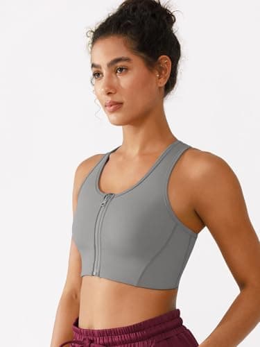 BRXL High Support Front Zip Sports Bra for Women with Phone Pocket Padded Racerback Workout Gym Running Yoga Bra Grey - Thumbnail 4