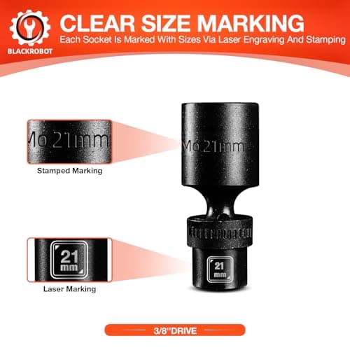 BLACKROBOT 3/8" Drive Deep Impact Swivel Socket Set, 9-Piece Flexible Wobble Socket, Metric 10-21mm, 6-Point CR-MO Steel, With Heavy Duty Storage Case - Thumbnail 5