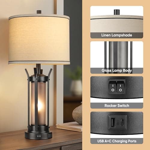 QiMH Farmhouse Table Lamps for Living Room, Beside Lamps for Bedroom with USB A+C Charging Ports, Rustic Nightstand Lamp Set of 2 with Frosted Glass Night Light, 4 Bulbs Included (Black) - Thumbnail 5