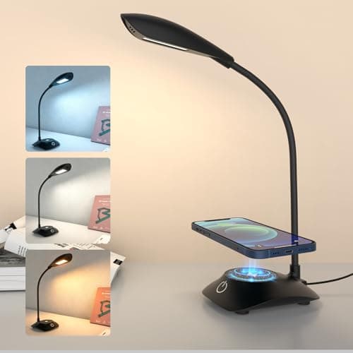 Zensun Desk Lamp for Home Office Compatible with MagSafe Wireless Fast Charging, Dimmable 3 Color Modes, 600LM, CRI 85, Adjustable Neck Study Lamps for College Dorm Room, Adapter Not Included, Black - Image 1
