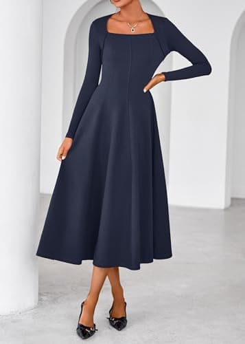 Lazysmile Long Sleeve Fall Dresses for Women Square Neck A Line Flowy Casual Elegant Wedding Guest Party Maxi Dress Navy - Thumbnail 6