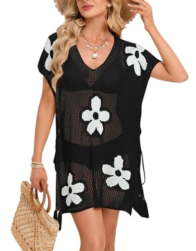 shermie Women's Summer Loose Casual V Neck Mesh Floral Crochet Swimsuit Cover Up Black - Image 1