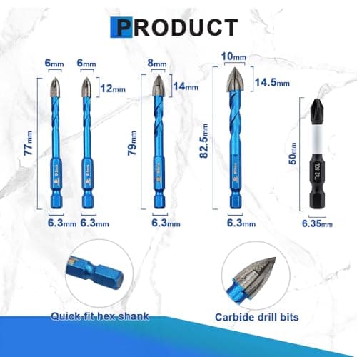 BRSCHNITT Masonry Drill Bit Set,with Phillips PH2 Magnetic Anti Slip Screwdriver Bit - 1/4" 5/16" 3/8" Dry Tile Drill Bit Set for Porcelain Tile Ceramic Stone Granite Marble (5pcs) - Thumbnail 2