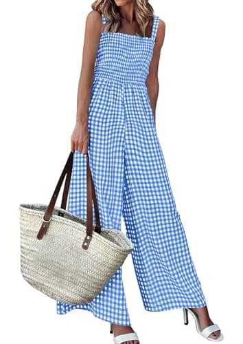 PRETTYGARDEN One Piece Jumpsuits for Women Casual Summer Cruise Outfits 2026 Spring Fashion Smocked Wide Leg Gingham Rompers (Blue,XX-Large) - Image 1