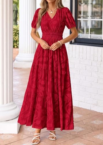 KIRUNDO Summer Dresses for Women 2026 Boho Flowy Casual Short Sleeve V Neck Elastic Waist Floral Long Baby Shower Maxi Dress(Red, XX-Large) - Thumbnail 6