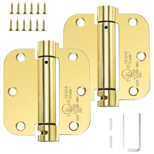 Sophia Self-Closing Door Hinge 3.5 Inch Rounded 5/8 Radius Interior, Spring Loaded Hinge Adjustable Tension for Garage Residential Standard Bedroom Indoor Doors, 2 Pack, Polished Brass, UL Listed