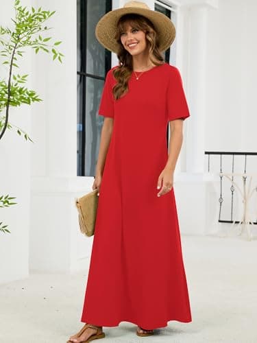 KORSIS Causal Red 2XL Dresses for Women Short Sleeve Summer Red S Long T-Shirt Dress Loose Beach Vacation Sundress with Pockets - Thumbnail 4