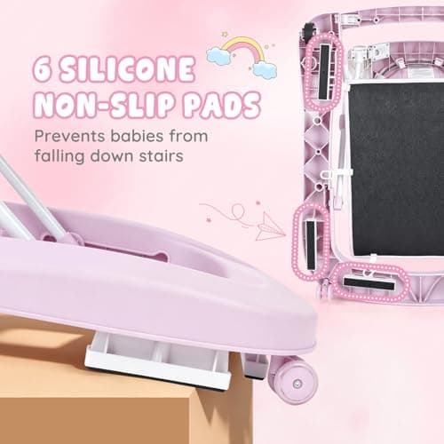 Baby Walker with Wheels, 5-in-1 Foldable Push Walker for Baby Girls 6-12 Months, Baby Walker & Bouncer Combo, Adjustable Height, Music Light Infant Activity Center Bouncer Walker(Pink) - Thumbnail 5