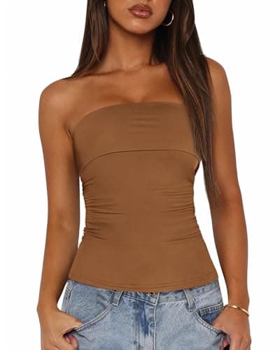 BTFBM Womens Strapless Tube Tops Spring Summer Clothes 2026 Trendy Casual Ruched Stretchy Going Out Bodycon Bandeau Top(Brown, X-Large) - Image 1