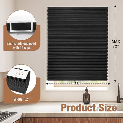 Zipcase 6 Pack Window Blackout Shades, 100% Shading Cordless Light Filtering Pleated Paper Shades, 36 in x 72 in(Fits Windows 19”- 36”), Black - Thumbnail 5