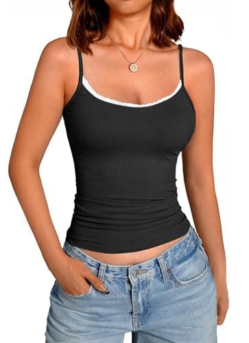 GKBK Women's Sexy Lace Cami Tops Scoop Neck Adjustable Spaghetti Straps Tank Top Ribbed Sleeveless Summer Y2k Going Out Party Club Camisole Black/White S - Image 1