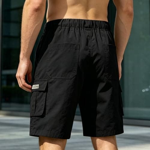 Msmsse Mens Elastic Waist Shorts Cotton Casual Relaxed Fit Multi-Pocket Outdoor Cargo Shorts for Men Black US 32 - Thumbnail 2